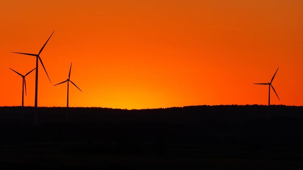 Wind turbines at sunset
