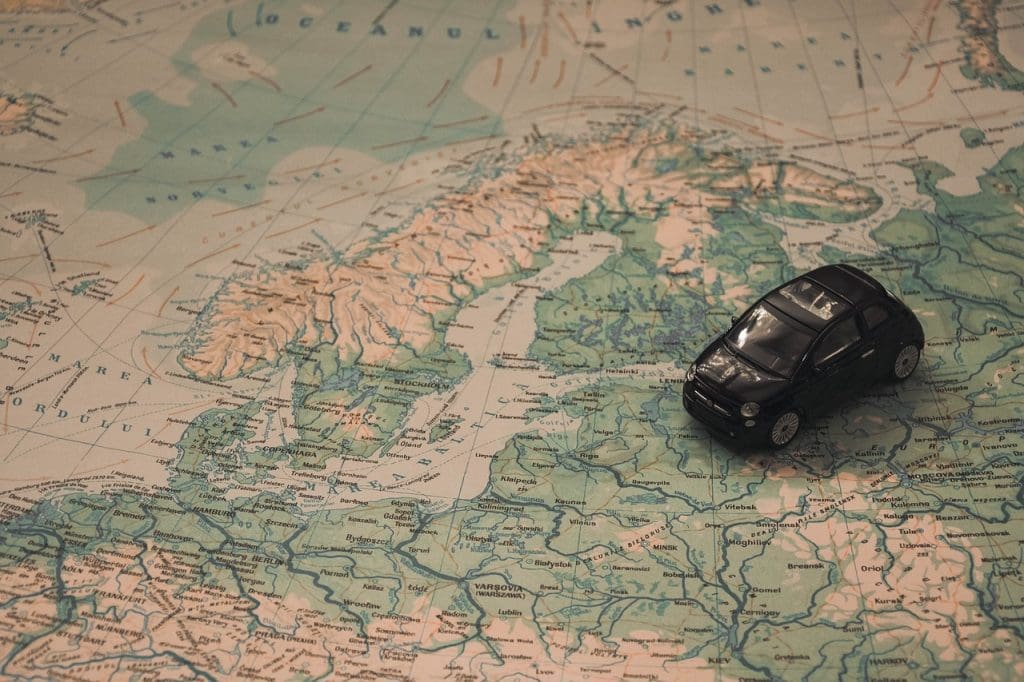 A car on a map in Europe