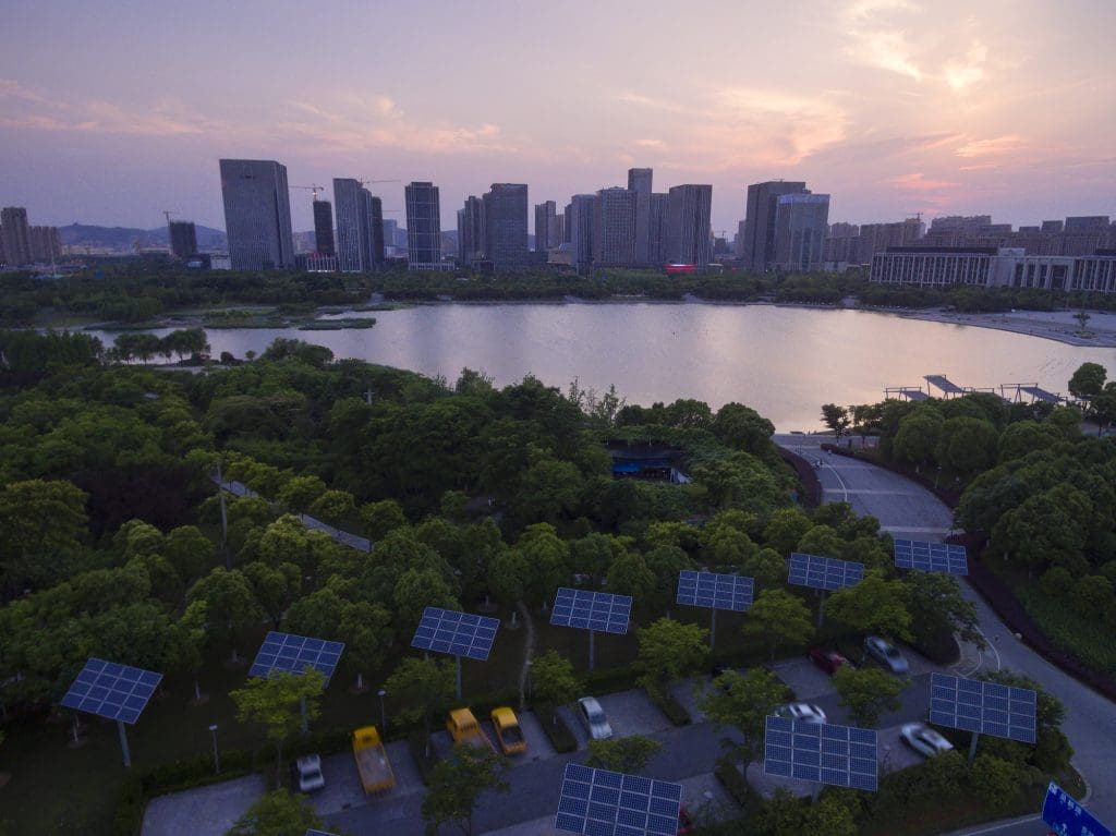 Solar panels next to a lake in China.
