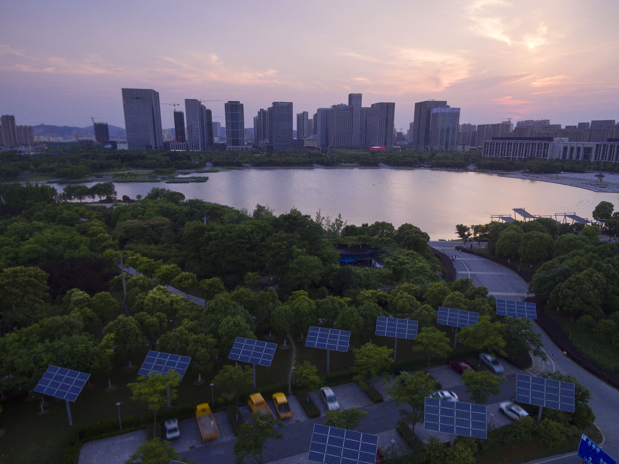 Solar panels next to a lake in China.