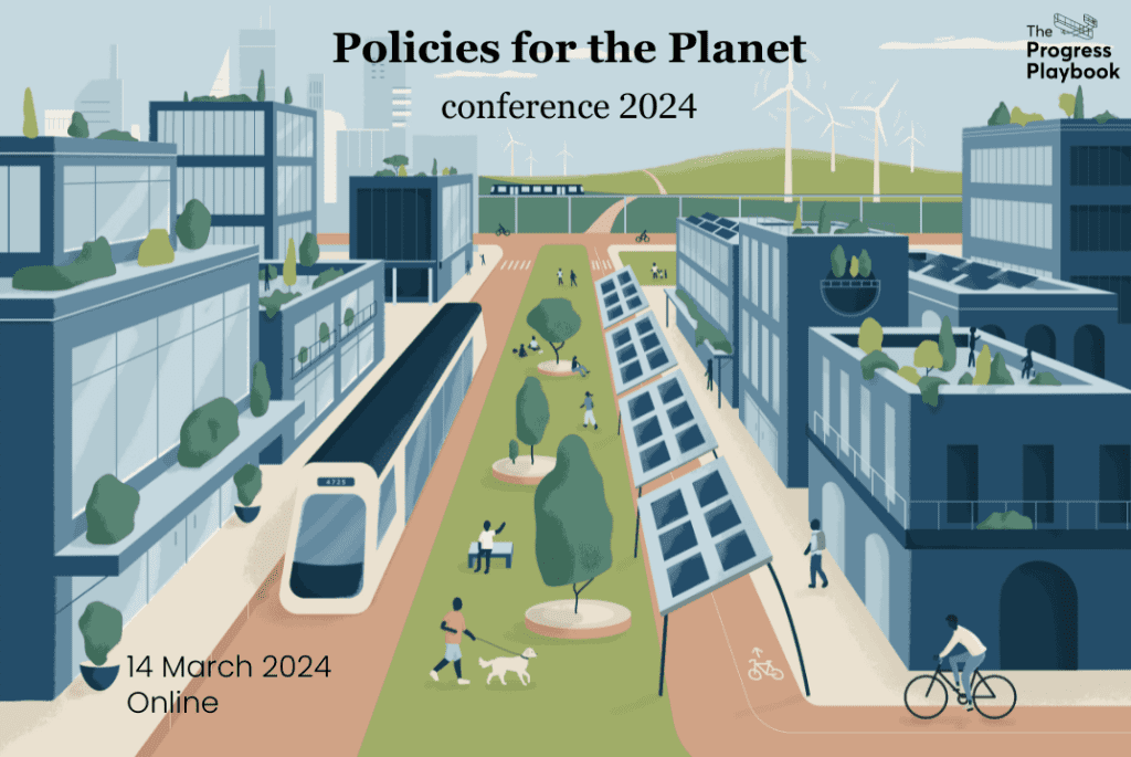 The poster for the Policies for the Planet conference 2024. A walkable and sustainable city centre.