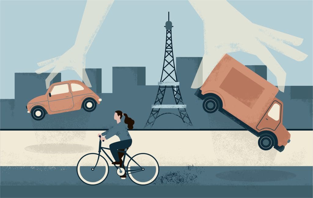 A graphic showing cars being removed from Paris, making way for cyclists