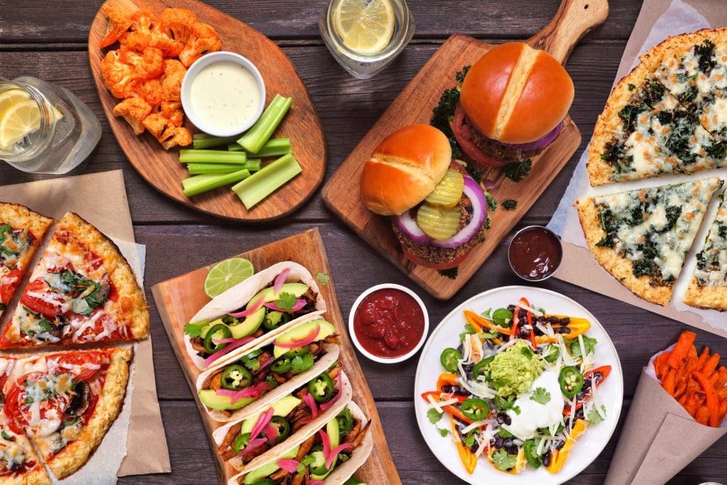 A spread of plant-based, vegetarian foods