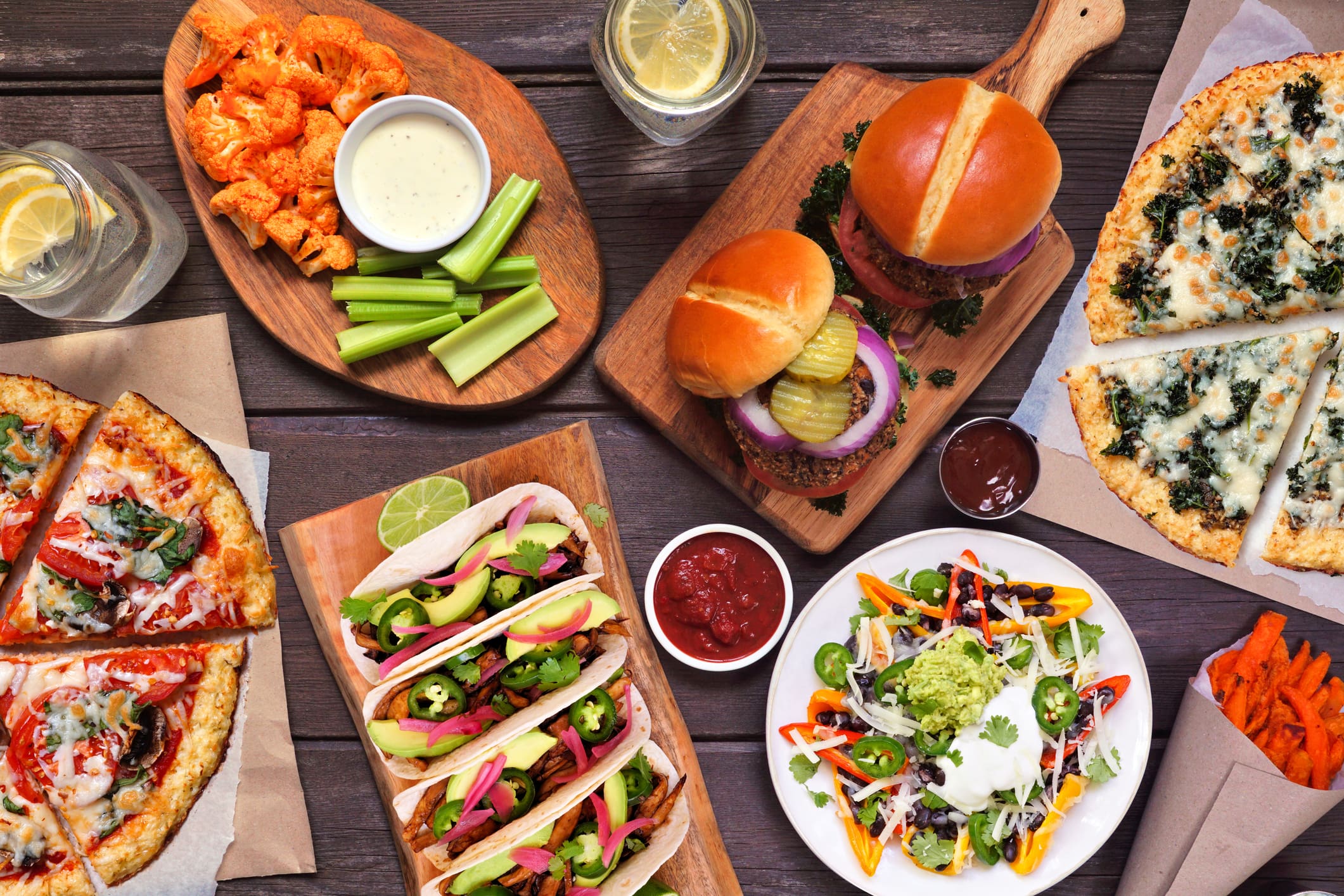 A spread of plant-based, vegetarian foods