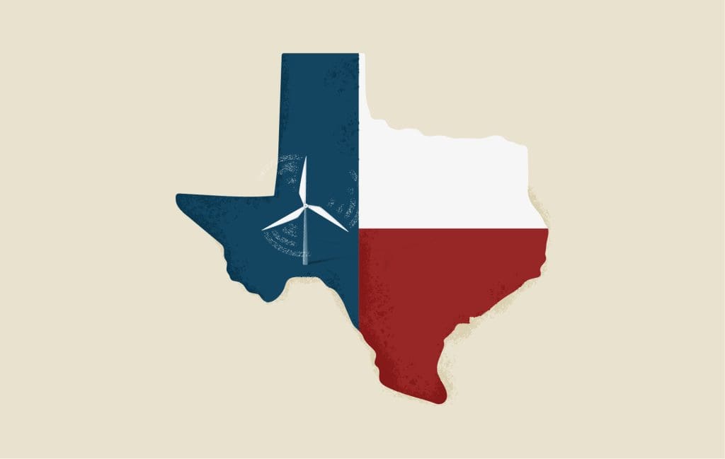 A map of Texas with a wind turbine on it. The state has become a leader in wind, solar, and battery storage deployments.