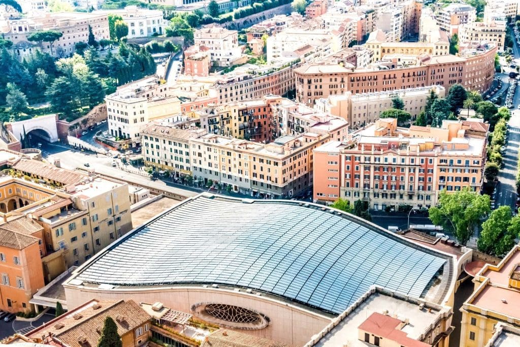 A rooftop in Rome covered in solar panels. Italy now gets more electricity from renewables than fossil fuels.
