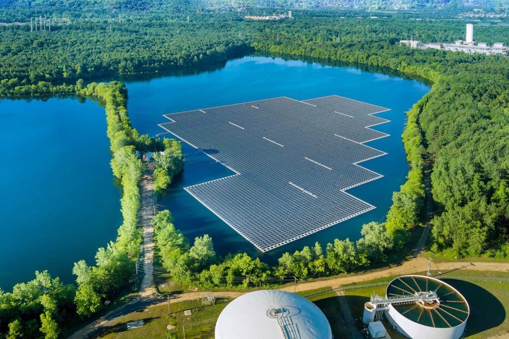 A floating solar system on a lake. Solar is the fastest growing power source globally and is helping renewables overtake coal.