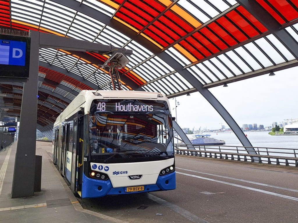 An electric bus in Amsterdam. Europe is rapidly electrifying its city bus fleets, data shows.