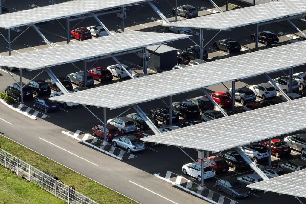 A photo of a parking lot covered in solar panels in the US, which now gets more power from wind and solar than from coal.