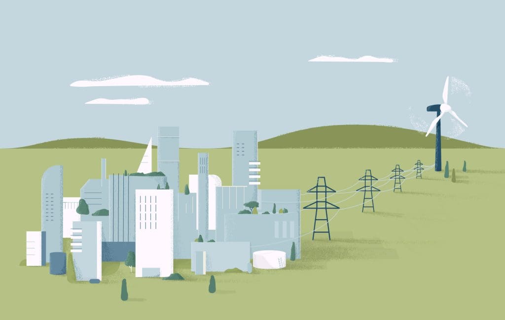How these countries are unlocking hidden grid capacity to speed up the energy transition 2 A graphic showing a wind farm and power lines transporting electricity to a city.