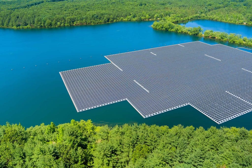 Asia is leading the way in super-sized floating solar 1 An aerial photo of solar panels floating on a lake.
