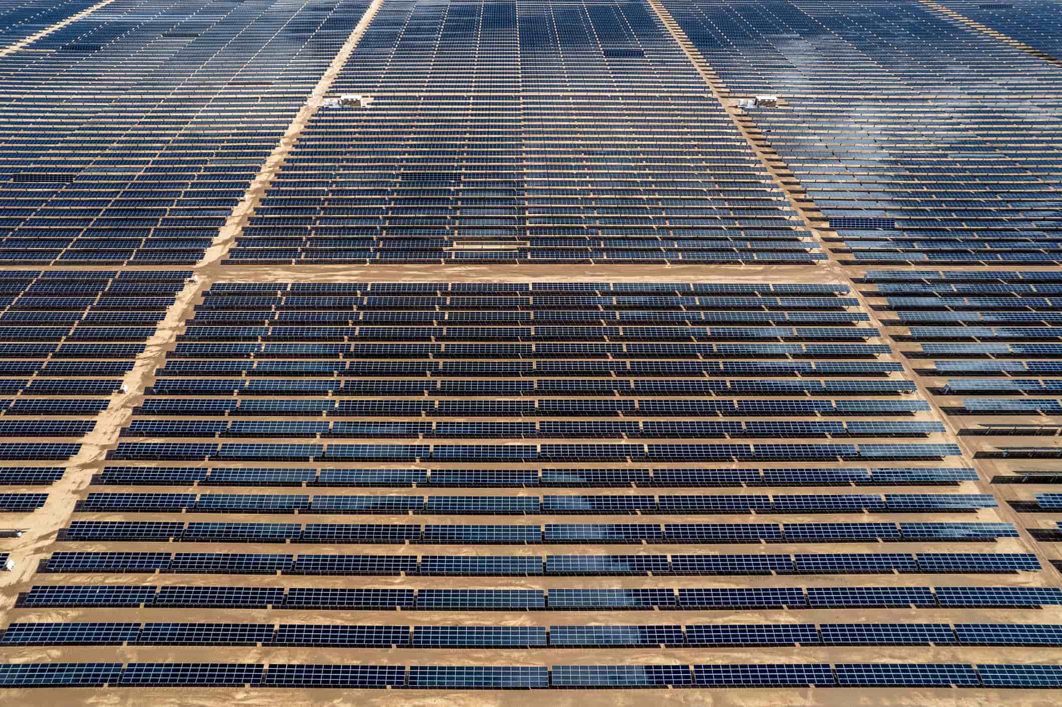 A huge solar farm in a desert.