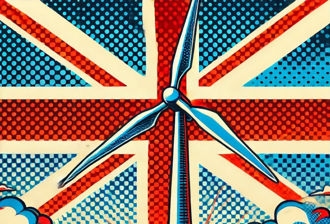 A graphic of a wind turbine with the UK's Union Jack behind it. The UK is a leader in climate action.