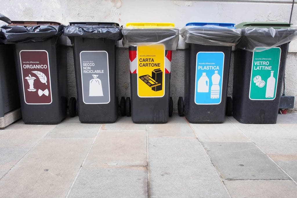 A photo of recycling bins in Italy.